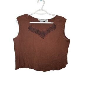 Keneth Too brown embroidered baby tee tank‎ top womens large y2k fairy 90s boho
